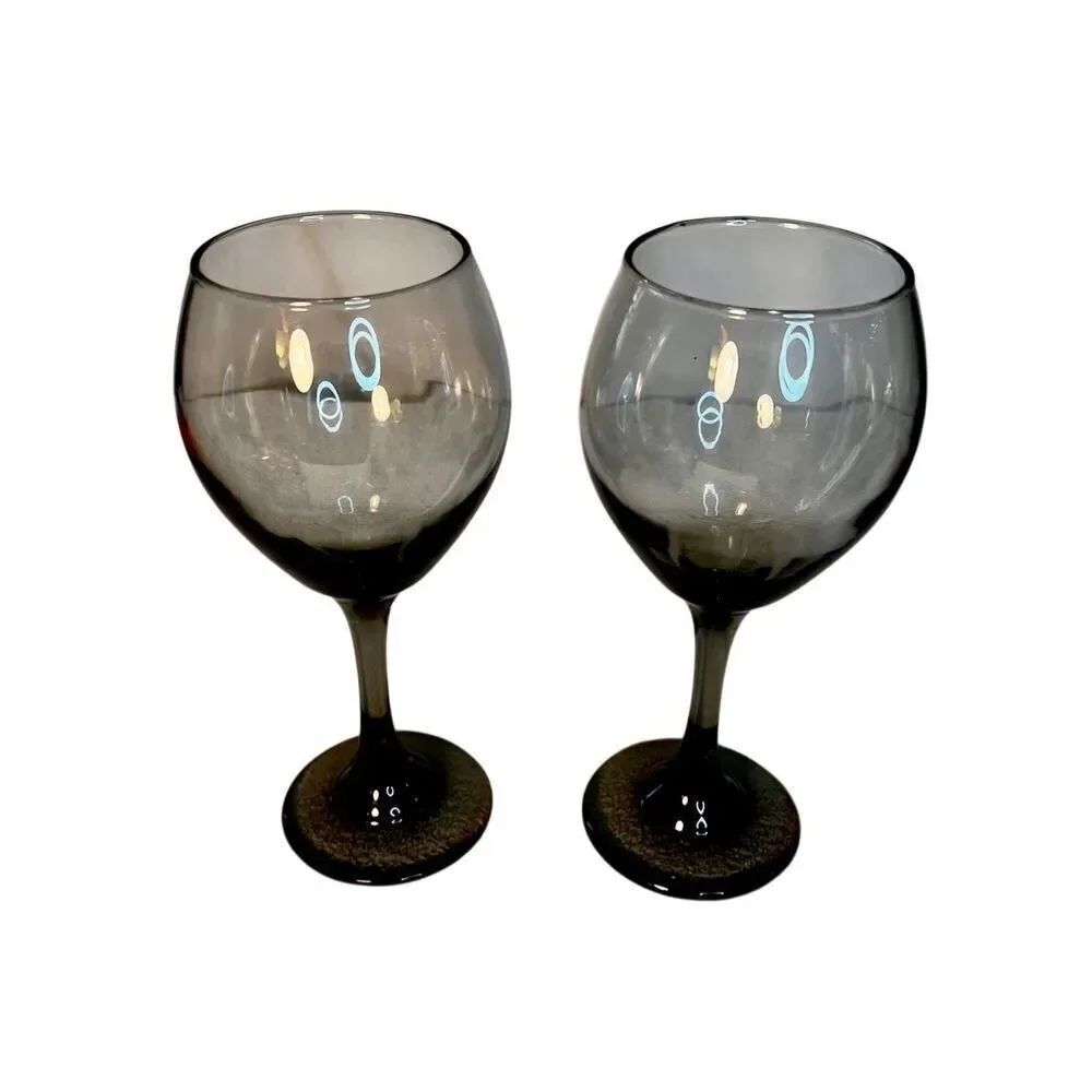 Vintage Set of 2 Smokey Gray Cordial Cocktail Glass Wine Goblets Glasses